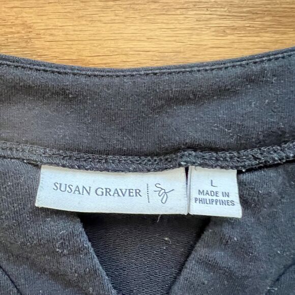 Susan Graver Weekend Dress Size L Black French Terry Short Sleeve Split Neck - Picture 3 of 7